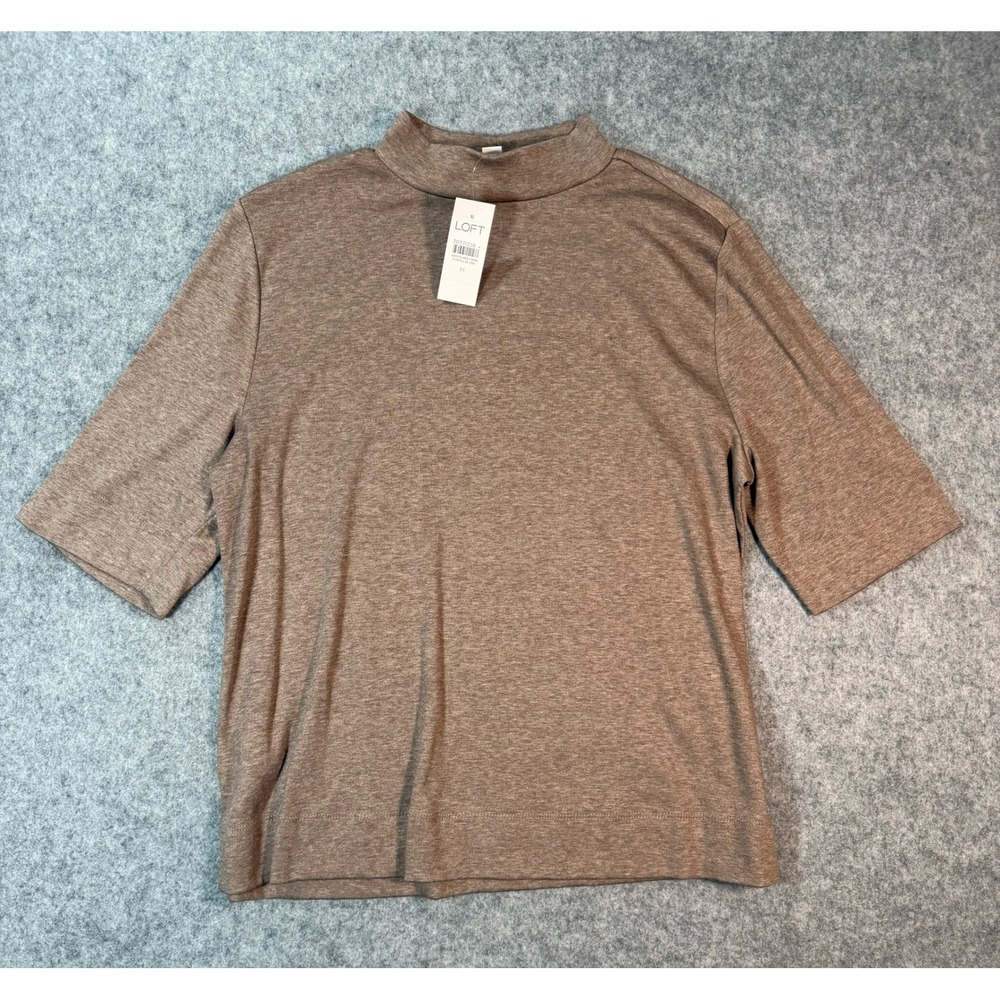Loft Womens Mock Neck Short Sleeve Top Brown Heathered‎ Knit Stretch Shirt M NEW